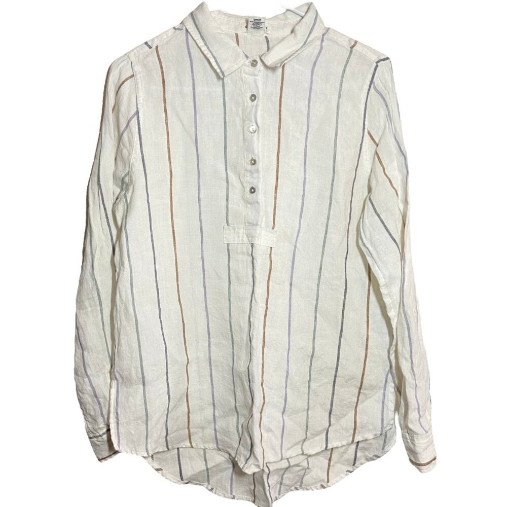 Artisan NY Top 100% Linen 1/2 Button Up Long Sleeve Collared Striped White M